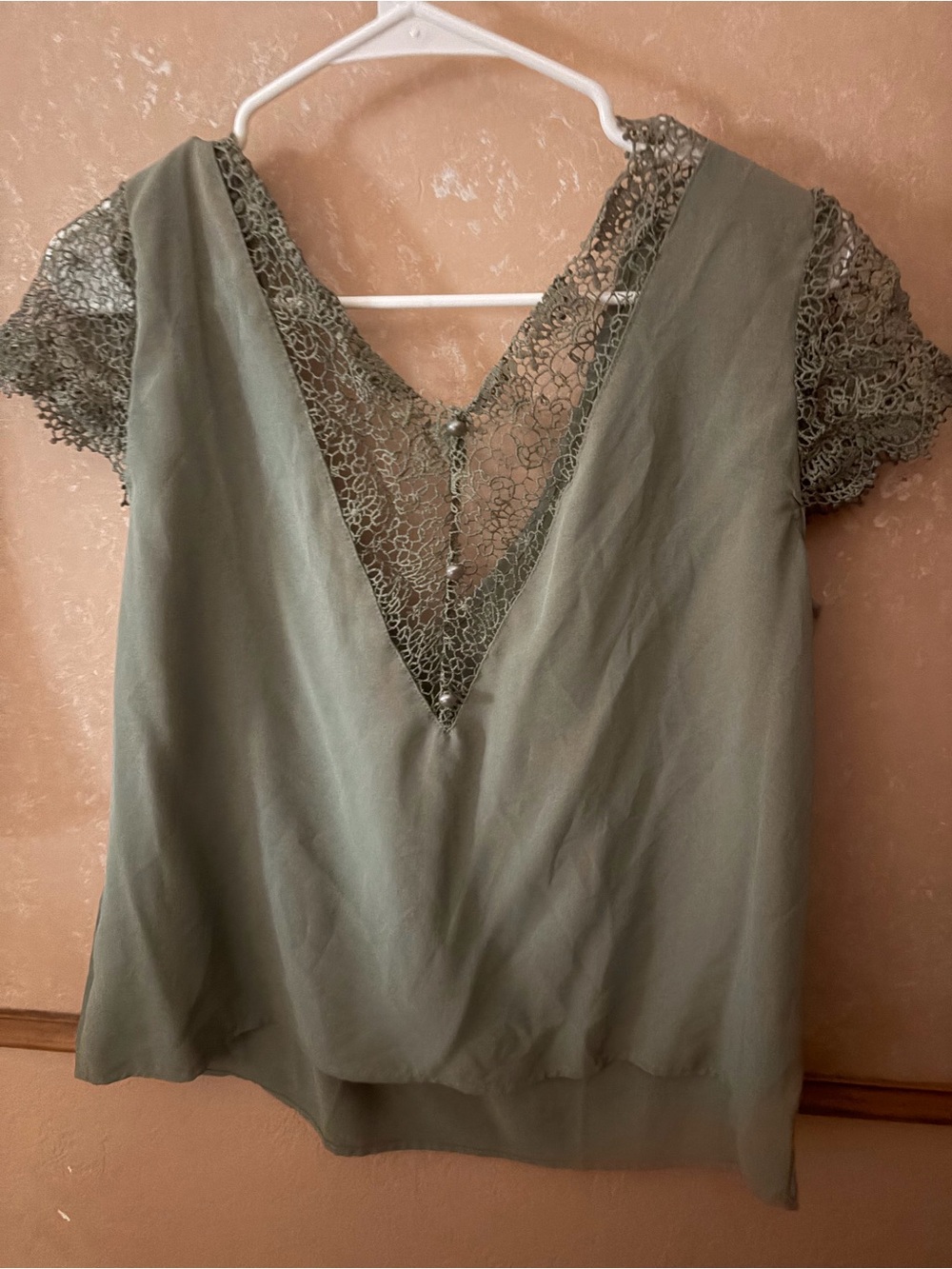 Olive Green Lace V-Neck Short Sleeve Women's Top